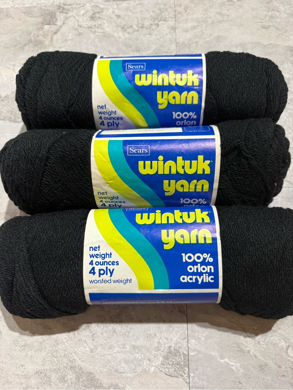 Vintage Sears Wintuk Yarn Black Lot of 3 Skeins 4-Ply Worsted Weight 100% Orlon